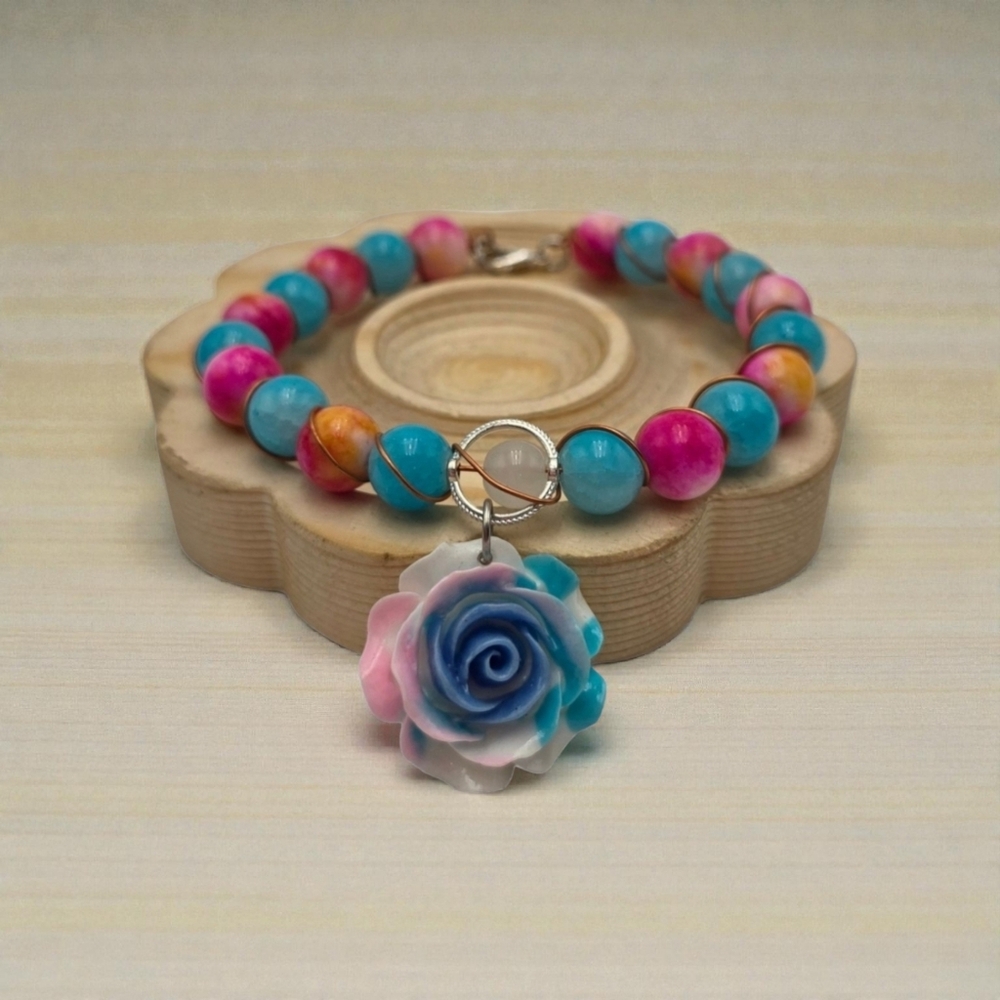 Handmade wirewrapped Pink and Blue Beaded Bracelet with Floral Charm